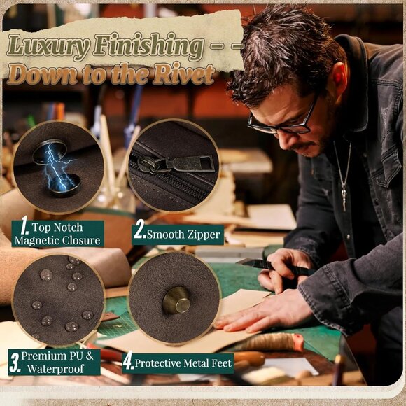 Men's Wood Pu Vintage Laptop Bag 15.6 Inch Waterproof Retro Satchel Briefcase - Picture 4 of 7